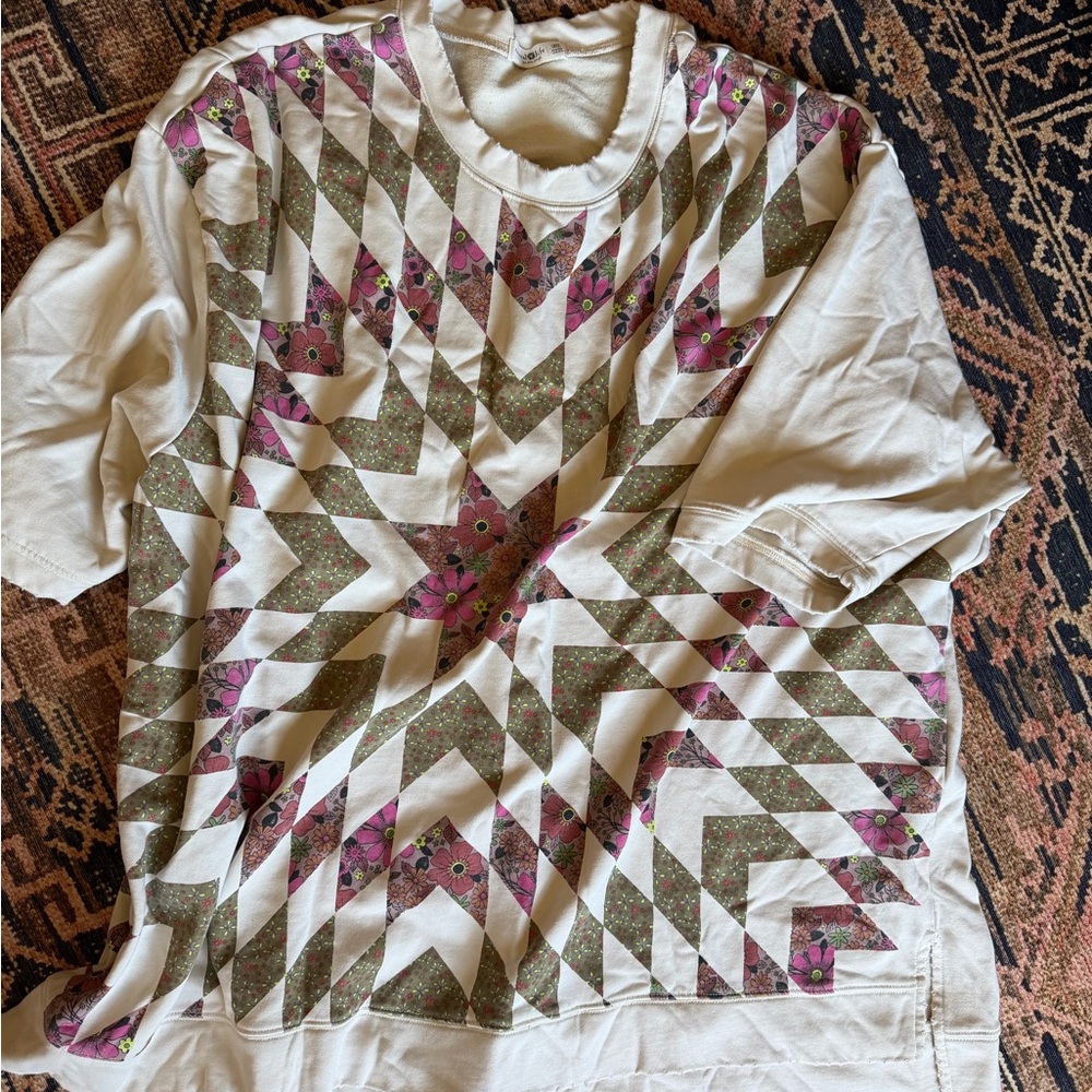 Cream Sweatshirt Dress with Pink & Olive Chevron Floral Print, oversized boho